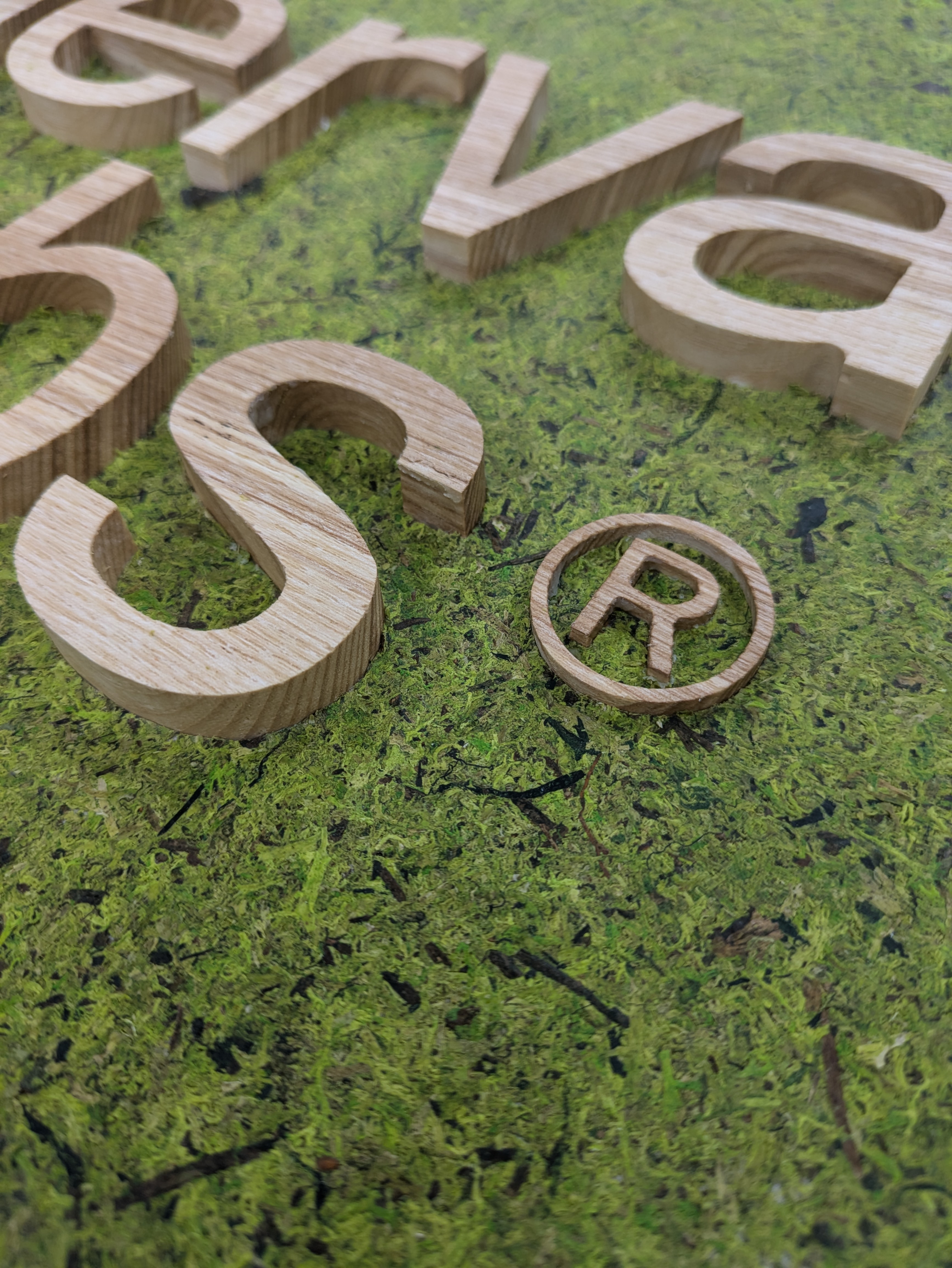 Individuell gefertigte CNC-Fräsbuchstaben mit einzigartiger Moosholzstruktur – die perfekte Verbindung von Präzision und Natur.